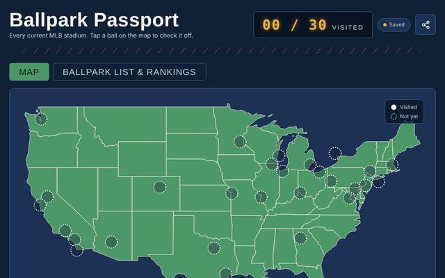Ballpark Passport showing a map of ballparks