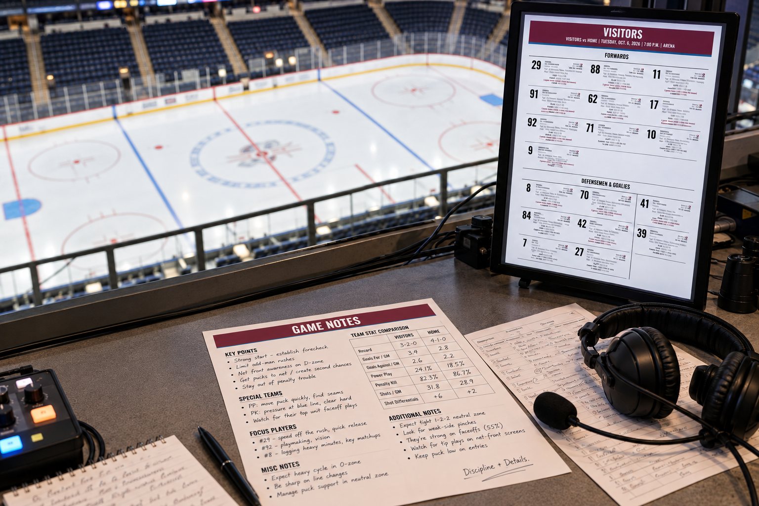 Hockey Gamesheet on a monitor in the booth, with printed game notes on the desk